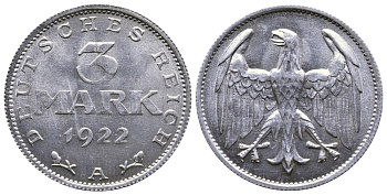 ГЕРМАНИЯ 3 МАРКИ 1922 А KM 28, J. 302 алюминий 4380-721