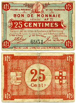 ФРАНЦИЯ 25 САНТИМОВ ND РЕГИОНАЛЬНЫЙ БОН ГОРОДОВ РУБЭ И ТЕРКУЭН бумага 7485-9-2-1