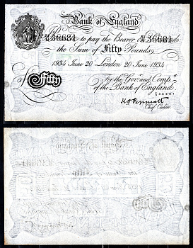 Англия 50 фунтов 1934 Лондон, 20 июня, Операция "Бернхард", фальшивка в ущерб денежному обращению Pick 331  бумага   451-1258-2