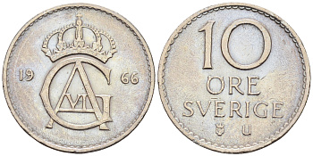 Швеция 10 эре 1966 U, Густав VI Адольф (1950-1973) КМ 835 медно-никель 4169-114