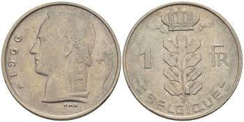 БЕЛЬГИЯ 1 ФРАНК 1966 BELGIQUE, БОДУЭН I (1951-1993) KM 142.1 медно-никель 202-1026