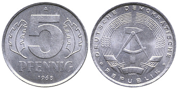 ГДР 5 ПФЕННИГОВ 1968 А KM 9.1 алюминий 26-849