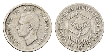 ЮАР 6 пенсов 1943 Георг VI (1936-1952) KM 27 серебро 4564-527