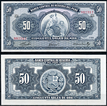Перу 50 солей 1962 сидящая свобода, Thomas de la Rue, серия H43 Pick 85 a  бумага  UNC (пресс) 451-805-2