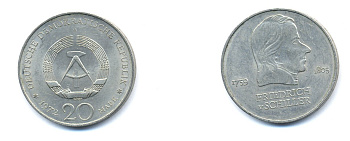 ГДР 20 марок 1972 А, Фридрих Шиллер (1759-1805) KM 40 медно-никель 3333-712