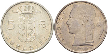 Бельгия 5 франков 1972 Belgie, Бодуэн I (1951-1993) KM 135.1 медно-никель 213-425