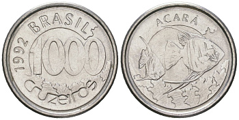 Бразилия 1000 крузейро 1992 реформа 1990-1993, рыбка Акара KM 626 нержавеющая сталь aUNC 192-133
