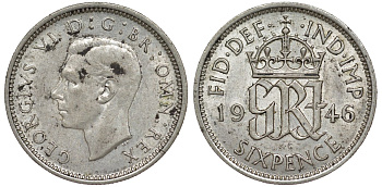 Великобритания 6 пенсов 1946 Георг VI (1936-1952) KM 852, Spink 4084 серебро 4128-821