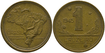 Бразилия 1 крузейро 1945 KM 558 алюминиевая бронза 4577-337