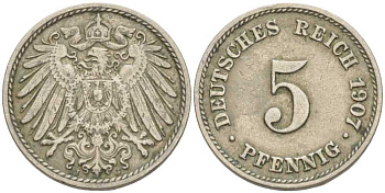 ГЕРМАНИЯ 5 ПФЕННИГОВ 1907 J KM 11, J. 12 медно-никель 105-129