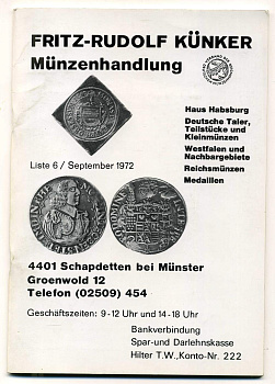 ФРИТЦ-РУДОЛЬФ КЮНКЕР КАТАЛОГ ФИКСИРОВАННЫХ ПРОДАЖ (LAGERKATALOG) 1972 СЕНТЯБРЬ, № 6 00-01-01-06