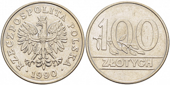 Польша 100 злотых 1990 MW, Демократическая Республика KM 214, Parchimowicz 602 медно-никель UNC 4517-836
