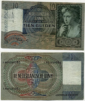Нидерланды 10 гульденов 1941 красавица пастушка, серия 1 AU Pick 56 b, Akkermans 31.2 бумага 444-95-2
