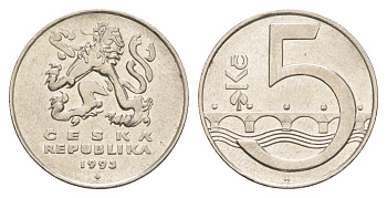 Чехия 5 крон 1993 чешский лев, Карлов мост KM 8 сталь плакированная никелем 4514-715