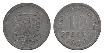 Франкфурт-на-Майне 10 пфеннигов 1919 Funck 136.2, Men05 7947.4, Men18 9918.4 цинк 4643-1033