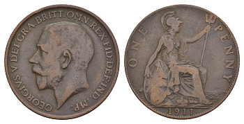 Великобритания 1 пенни 1911 Георг V (1910-1936) KM 810, Spink 4051 бронза 114-132