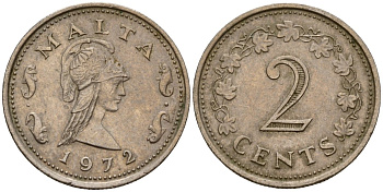 Мальта 2 цента 1972 Пентесилея, царица амазонок KM 9 медь цинк 4154-651
