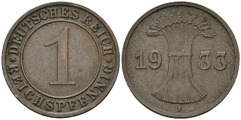 Германия 1 рейхспфенниг 1933 A KM 37, J. 313 бронза 4189-1212