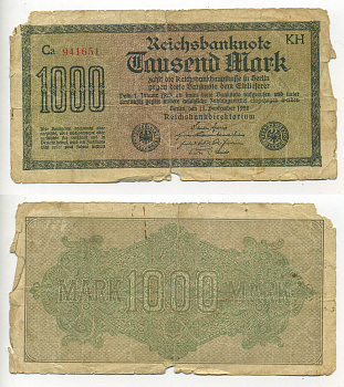 ГЕРМАНИЯ 1000 МАРОК 1922 15 СЕНТЯБРЯ 1922, ВОДЯНОЙ ЗНАК Н, БЕЛАЯ БУМАГА Pick 76f бумага 6289-2-2