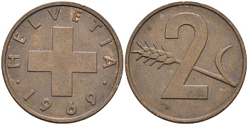 Швейцария 2 раппена 1969 KM 47 бронза 4541-335
