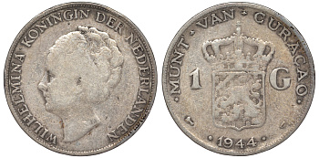 Нидерландское Кюрасао 1 гульден 1944 D, Вильгельмина (1890-1948) KM 45 серебро 36-531
