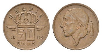 Бельгия 50 сантимов 1965 Belgie, Бодуэн I (1951-1993) KM 149 бронза 4705-257