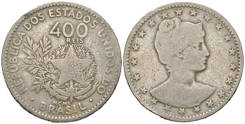 Бразилия 400 реалов 1901 MCMI, голова свободы вправо KM 505 медно-никель 4612-524