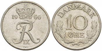 Дания 10 эре 1966 С; S, Фредерик IX (1947-1972) KM 849.1 медно-никель 3718-344