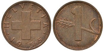 Швейцария 1 раппен 1955 KM 46 бронза 4164-115