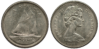 КАНАДА 10 ЦЕНТОВ 1971 ПАРУСНИК KM 77.1 никель XF- 4181-333