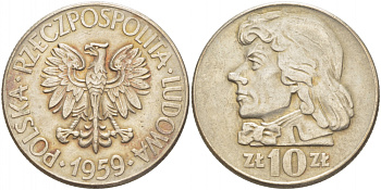 Польша 10 злотых 1959 MW, Тадеуш Костюшко, первый год KM 50 медно-никель 4403-532