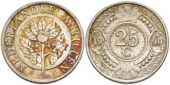 Нидерландские Антилы 25 центов 1990 Беатрикс (1980-2013) KM 35 никелированная сталь 3334-527