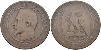 ФРАНЦИЯ 10 САНТИМОВ 1853 ВВ, НАПОЛЕОН III (1852-1870) KM 771.3 бронза 114-644
