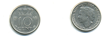 Нидерланды 10 центов 1948 Вильгельмина (1895-1948) KM 177 никель 4379-1411