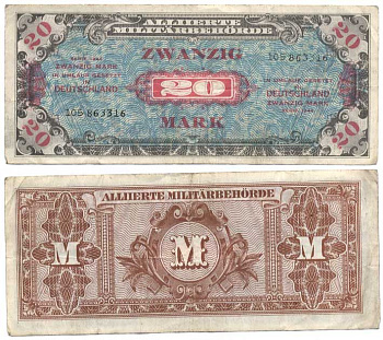 Германия, оккупация союзниками 20 марок 1944 БЕЗ F, 9 ЦИФР В НОМЕРЕ Pick 195b, Розенберг 204с бумага 436-8-1-2