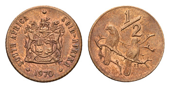 ЮАР 1/2 цента 1970 два капских воробья на ветке KM 81 бронза UNC 4643-148