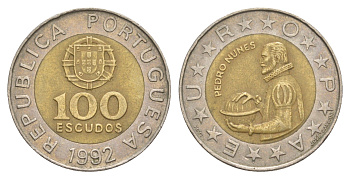 Португалия 100 эскудо 1992 Педру Нуниш (1502-1578), математик KM 645 биметалл 4390-1026