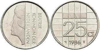 НИДЕРЛАНДЫ 25 ЦЕНТОВ 1986 БЕАТРИКС KM 204 никель 96-313