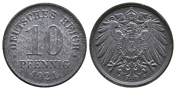 ГЕРМАНИЯ 10 ПФЕННИГОВ 1921 KM 26, J. 299 цинк 4380-246