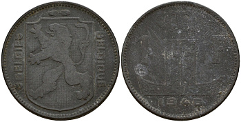 Бельгия 1 франк 1945 Belgie - Belgique, Леопольд III (1934-1947), германская оккупация, Вторая мировая война KM 128 цинк 4161-551