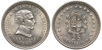 Уругвай 25 сентесимо 1960 KM 40 медно-никель 4580-1158