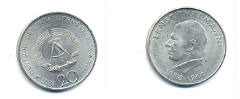 ГДР 20 марок 1971 A, 85 лет со дня рождения Эрнста Тельмана KM 34, J. 1535 медно-никель 3333-544