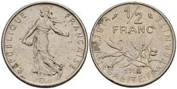 Франция 1/2 франка 1966 KM 931 никель 4150-1145