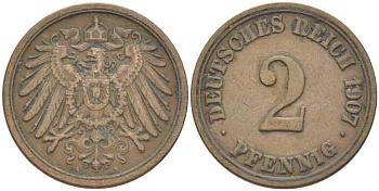 ГЕРМАНИЯ 2 ПФЕННИГА 1907 A KM 16, J. 11, Weege 4 медь 211-517