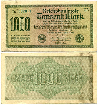 ГЕРМАНИЯ 1000 МАРОК 1922 15 СЕНТЯБРЯ 1922, ВОДЯНОЙ ЗНАК G, БЕЛАЯ БУМАГА Pick 76e бумага 7548-36-1