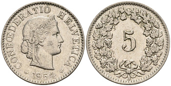 Швейцария 5 раппенов 1954 B KM 26 медно-никель 4608-444