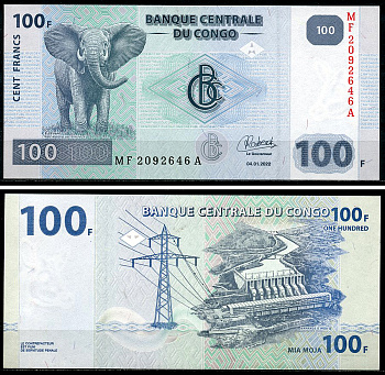 ДР Конго 100 франков 2022 слон, гидроэлектростанция "Инга II", Oberthur Fiduciaire, France Pick 98B  бумага  UNC (пресс) 449-75-3
