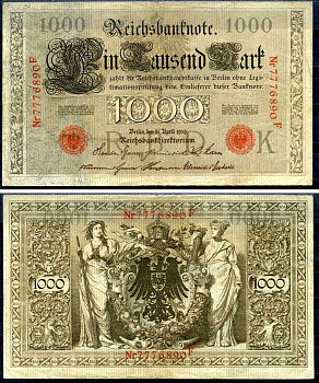 Германия 1000 марок 1910 21 апреля 1910, красная печать, номер семизначный, серия F, буква K, выпуск АПРЕЛЬ - ИЮЛЬ 1918 Pick 44 b бумага 2194-34-2-1