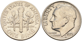 США 10 центов = дайм 1971 Рузвельт KM 195а медь плакированная медно-никелем 4115-755