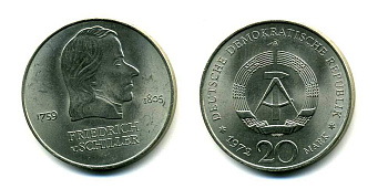 ГДР 20 марок 1972 А, Фридрих Шиллер (1759-1805) KM 40 медно-никель UNC 179-213
